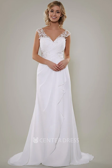 Sheath Floor-Length V-Neck Sleeveless Lace Chiffon Wedding Dress With Criss Cross And Draping