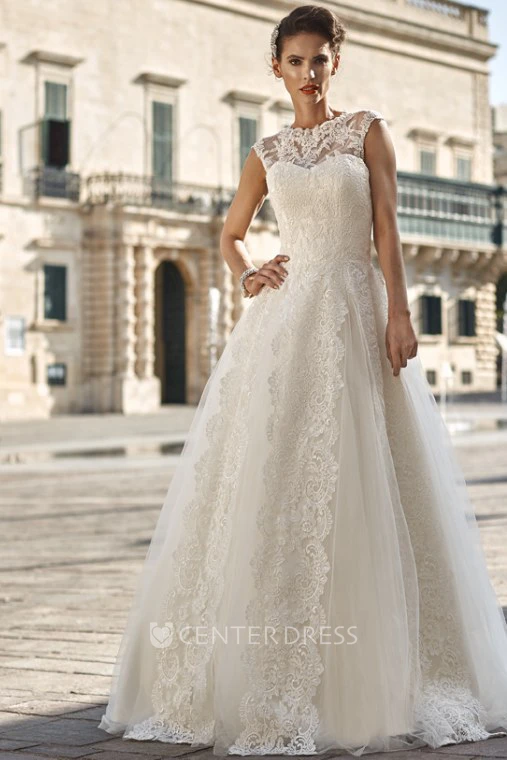 A-Line Floor-Length High-Neck Cap-Sleeve Appliqued Lace&Tulle Wedding Dress With Pleats