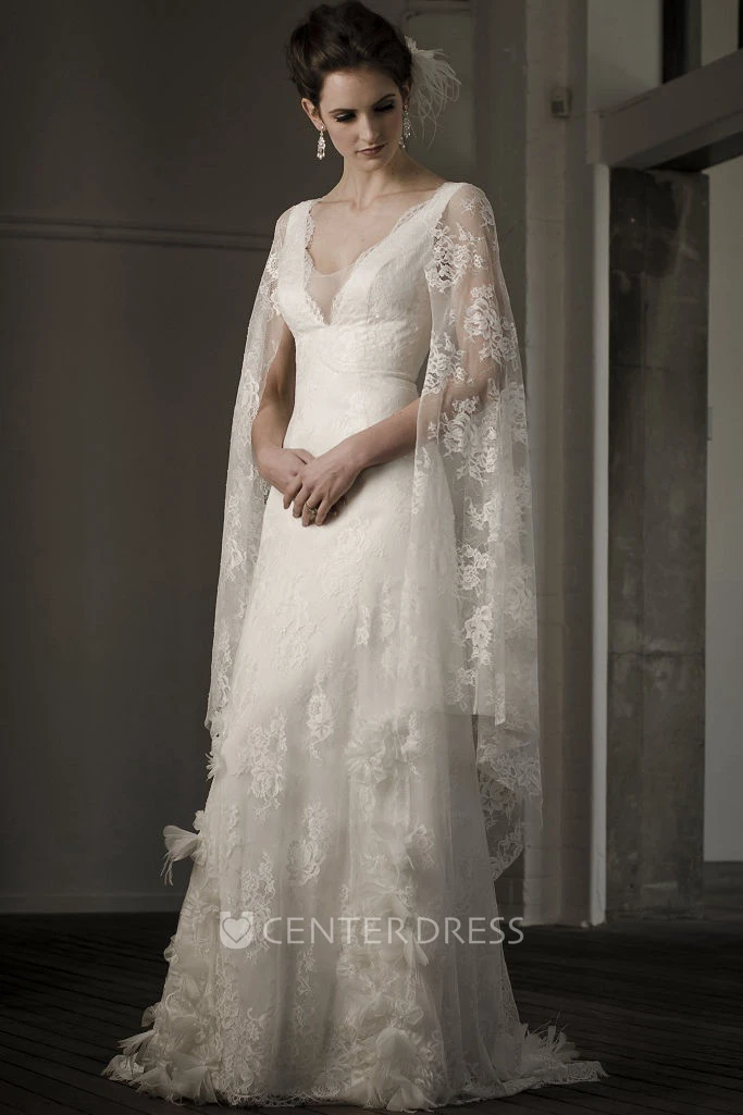A-Line V-Neck Poet-Long-Sleeve Long Appliqued Lace Wedding Dress With Flower