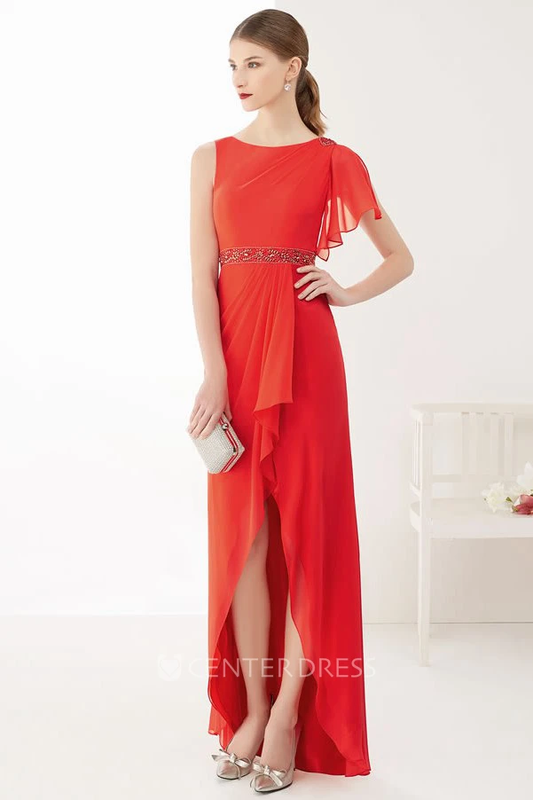 Side Drape Removable Sleeve High Low Chiffon Prom Dress With Front Split