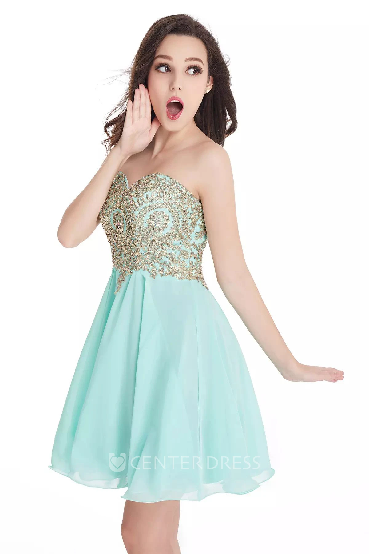 A-line Short Mini Sleeveless Sweetheart Beading Lace Pleats Chiffon Lace Homecoming Dress