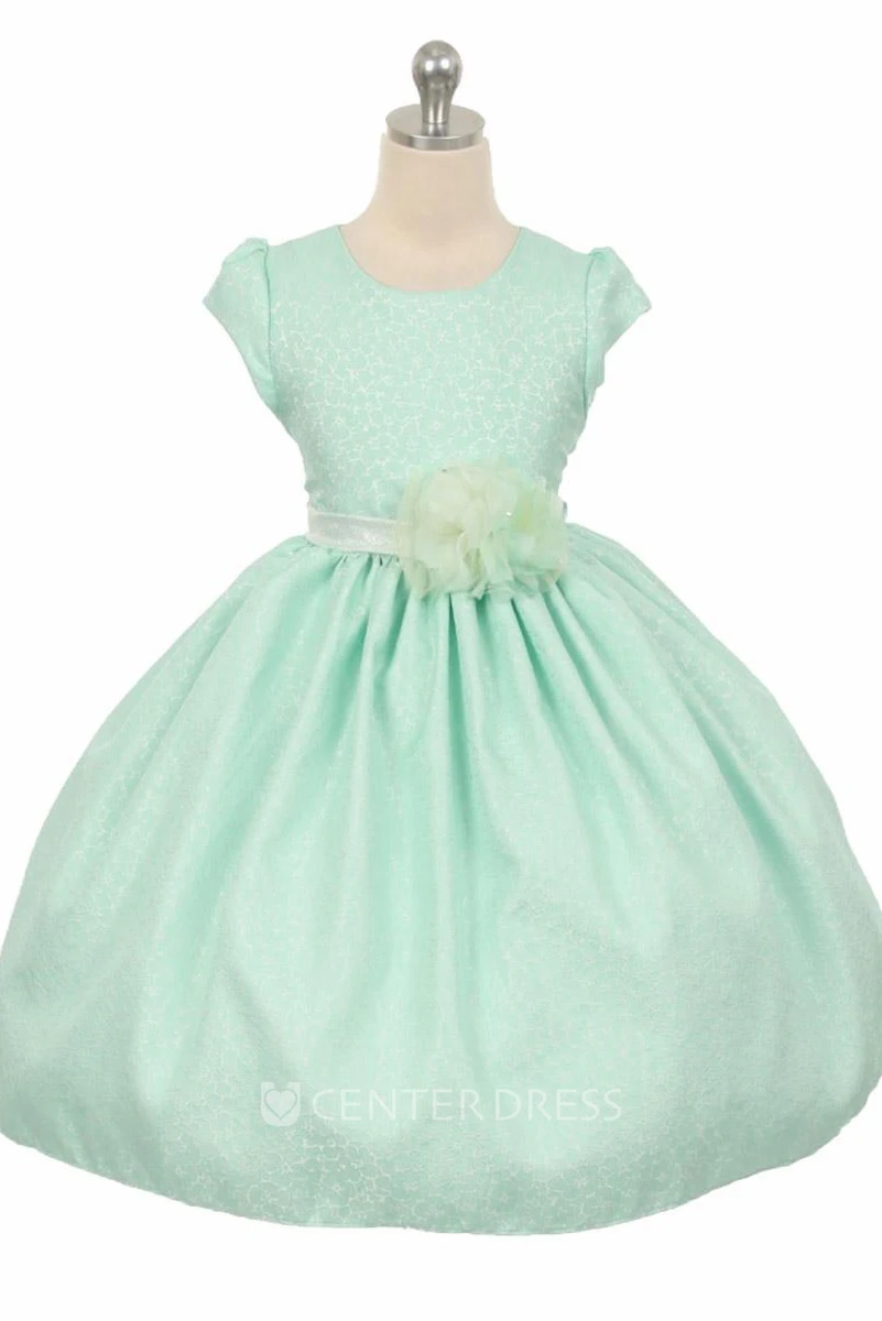 Tea-Length Floral Beaded Floral Flower Girl Dress With Sash