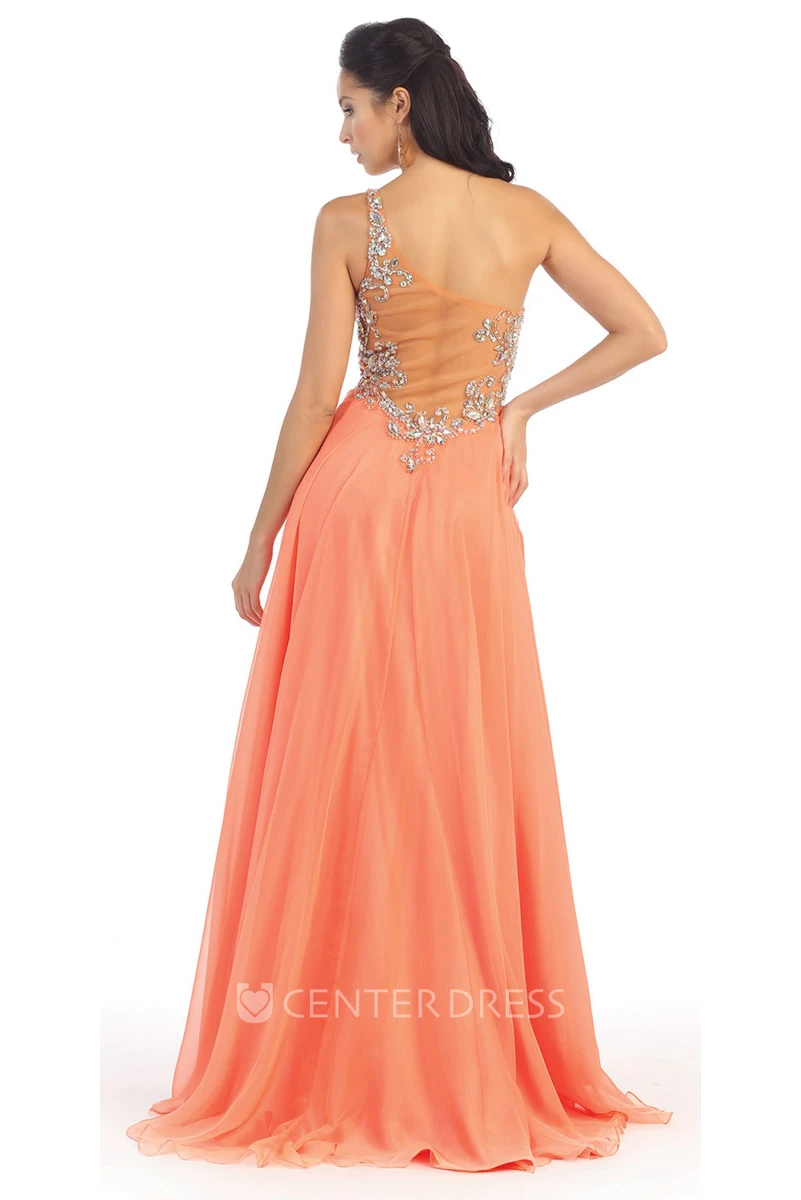 A-Line Maxi One-Shoulder Sleeveless Chiffon Illusion Dress With Beading And Draping