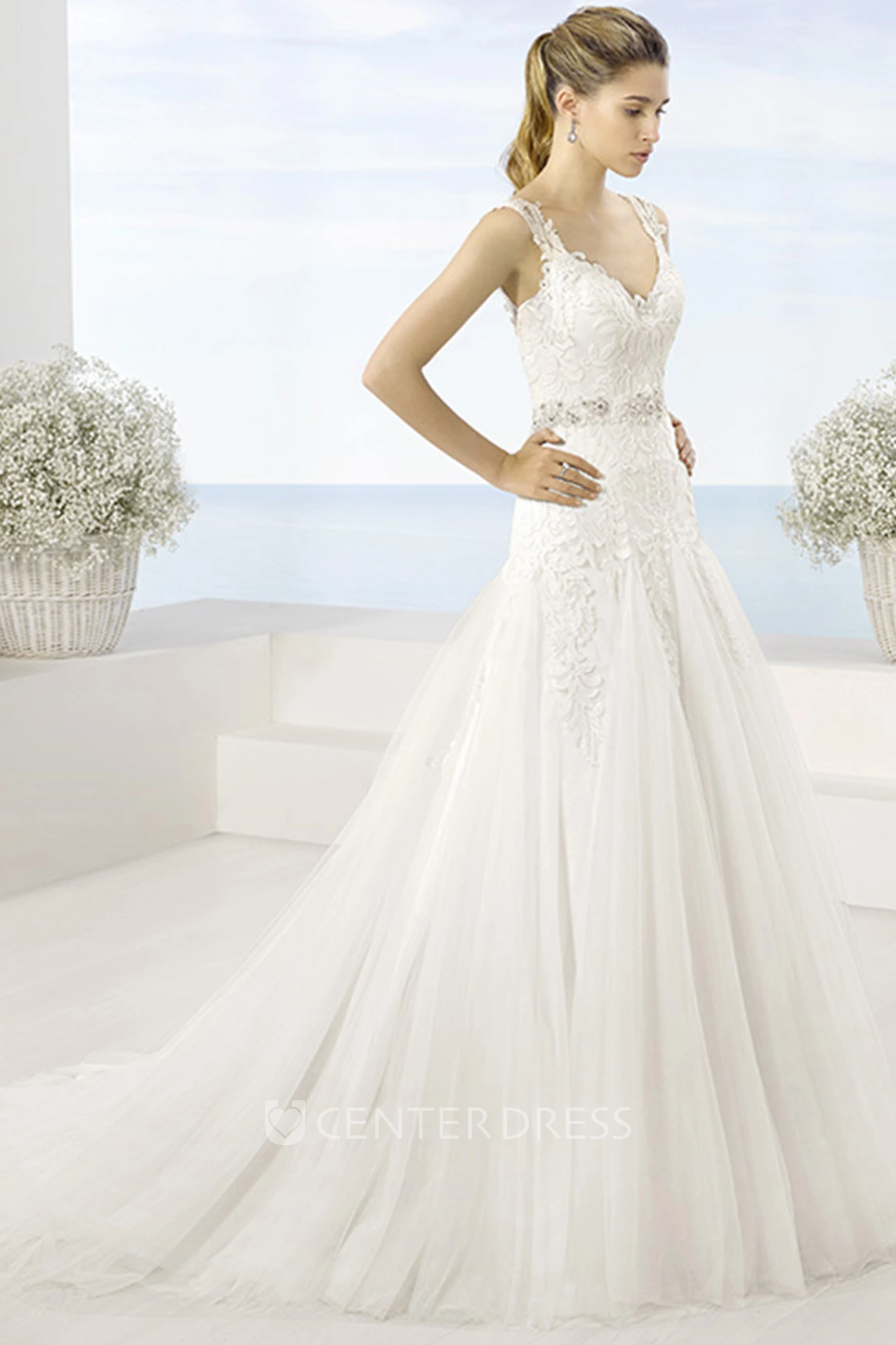 A-Line Floor-Length Sleeveless Appliqued V-Neck Tulle Wedding Dress With Waist Jewellery And Pleats