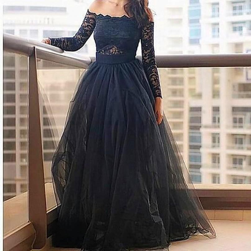 Black prom dress shop with lace sleeves