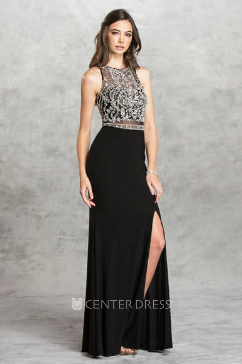 Sheath High Neck Sleeveless Jersey Illusion Dress With Beading And Split Front