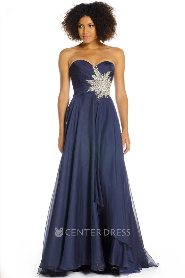 Sweetheart Floor-Length Criss-Cross Satin Chiffon Prom Dress With Beading