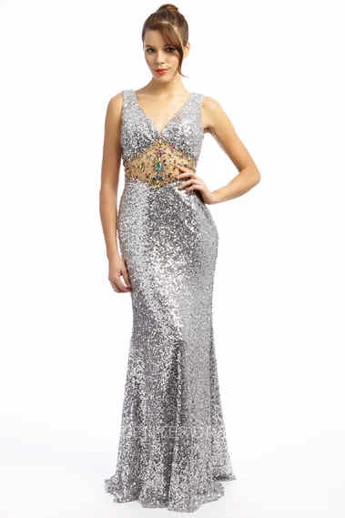 Trumpet Sleeveless Beaded V-Neck Long Sequins Prom Dress