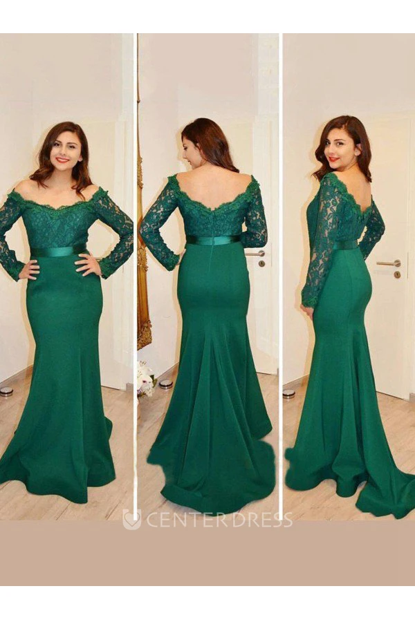 Illusion Long Sleeve Sweep Brush Train Mermaid Trumpet Off-the-shoulder Satin Lace Dress