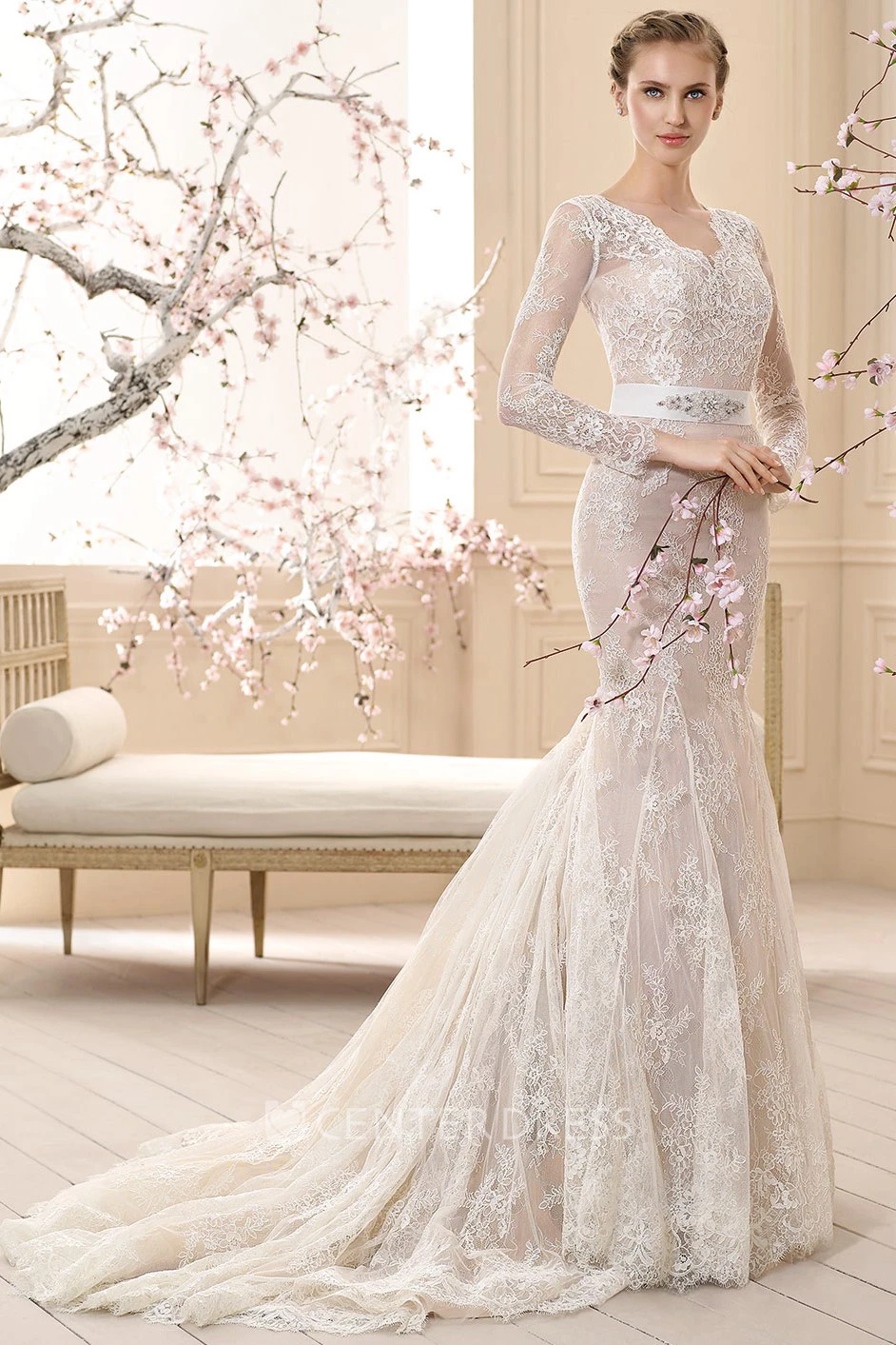 Sheath V-Neck Floor-Length Long-Sleeve Appliqued Lace Wedding Dress With Waist Jewellery And Bow
