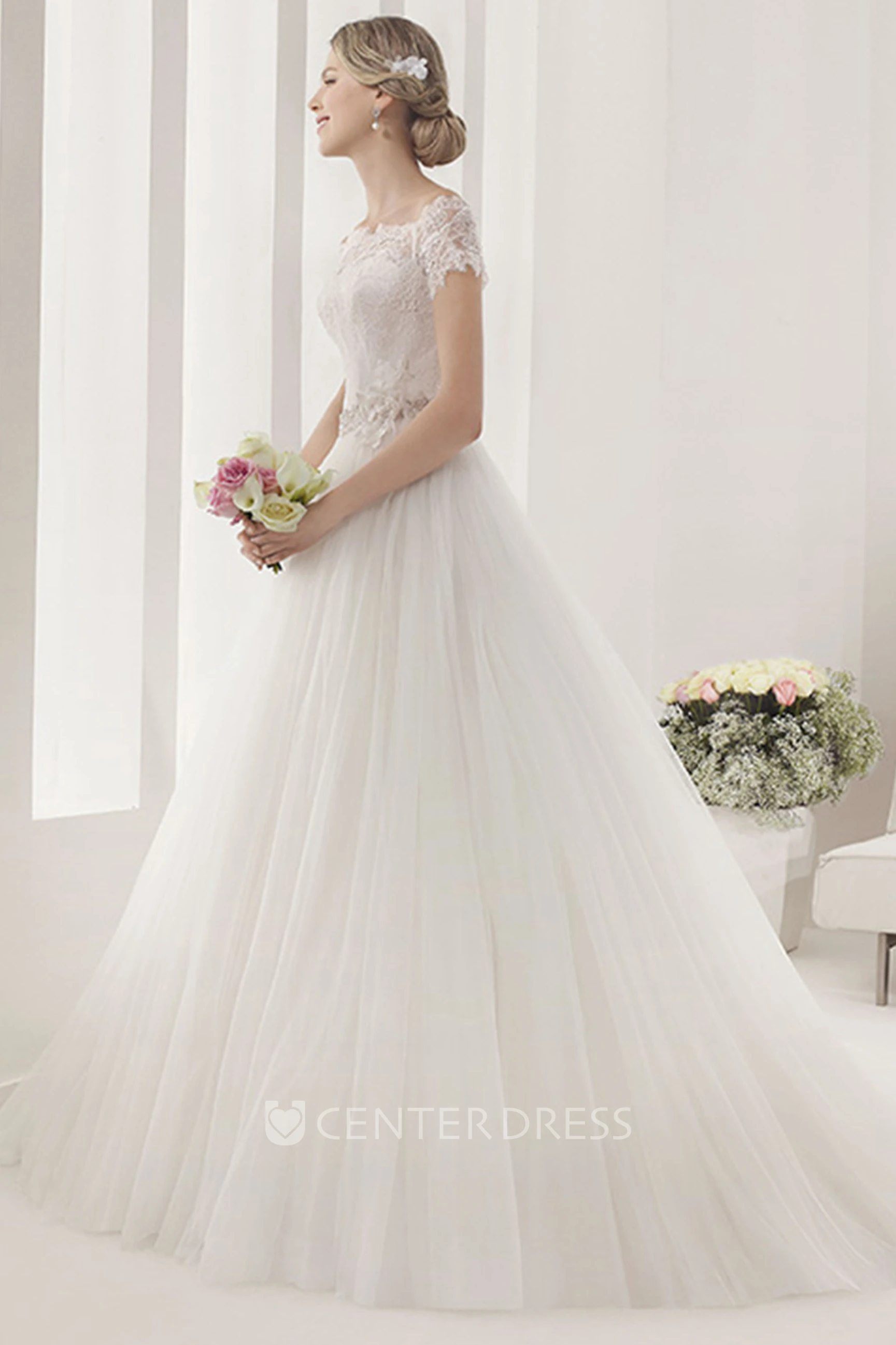 Off Shoulder Lace Short Sleeves Tulle Ball Gown With Waist Flower