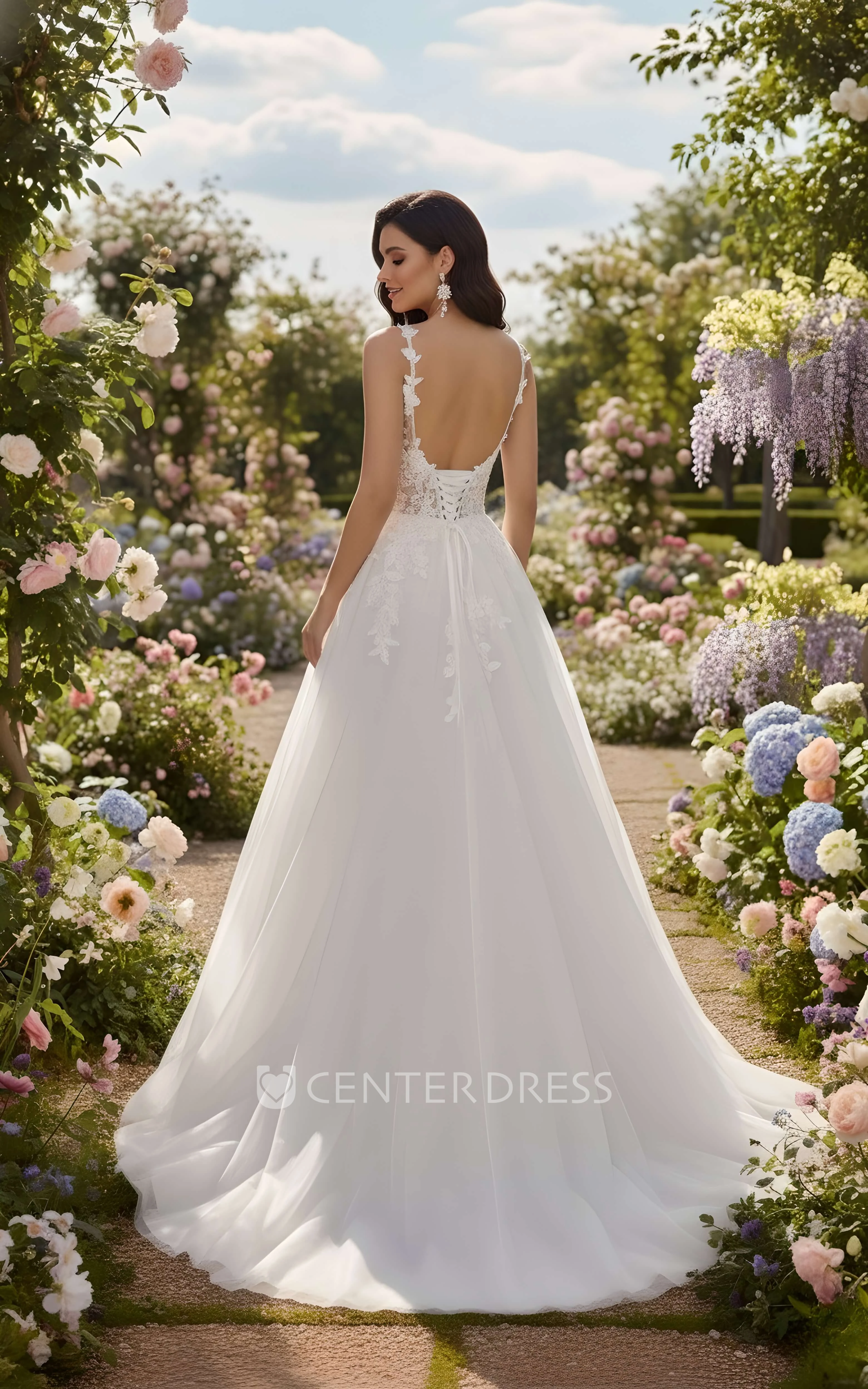 Elegant Deep V-Neck Spaghetti Spring Wedding Dress Floral Lace A-Line Chiffon Garden Bridal Gown