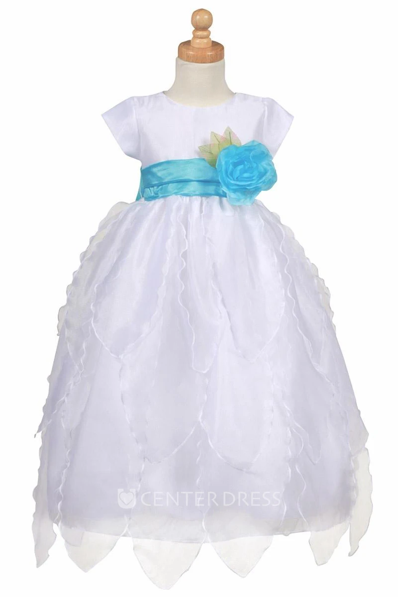 Tiered Cap-Sleeve Organza&Taffeta Flower Girl Dress