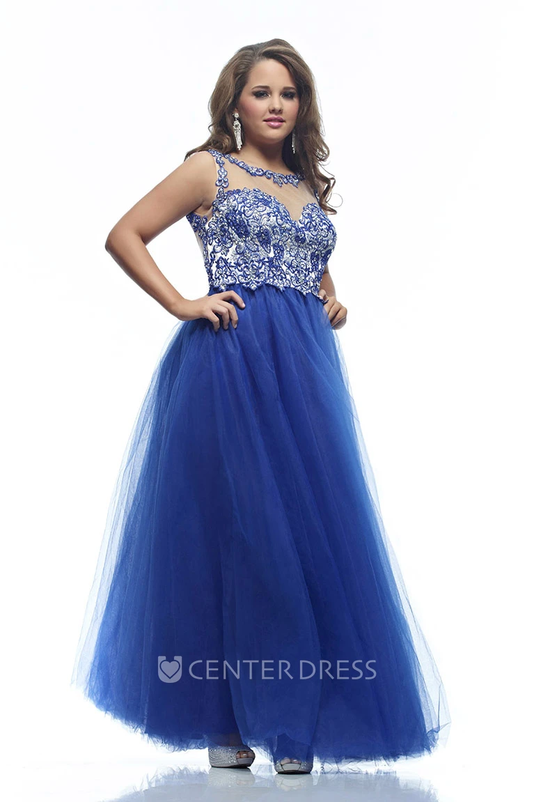 A-line Floor-length Scoop Sleeveless Tulle Appliques Pleats Illusion Dress