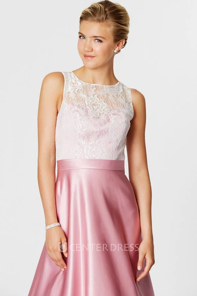 A-Line Lace Sleeveless Scoop Neck Satin Bridesmaid Dress With Illusion Back