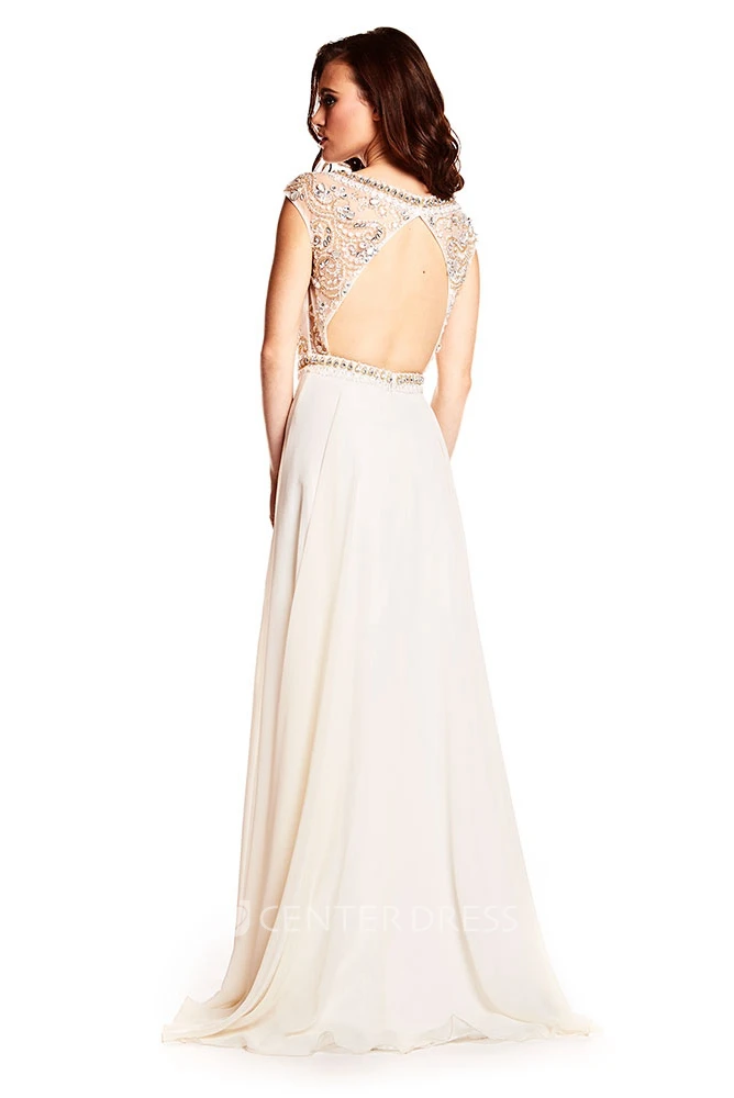 Beaded Bateau Neck Cap Sleeve Chiffon Prom Dress With Keyhole