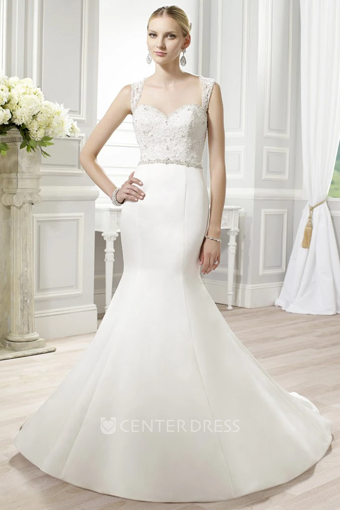 Mermaid Appliqued Straps Maxi Sleeveless Satin Wedding Dress With Waist Jewellery And Keyhole Back