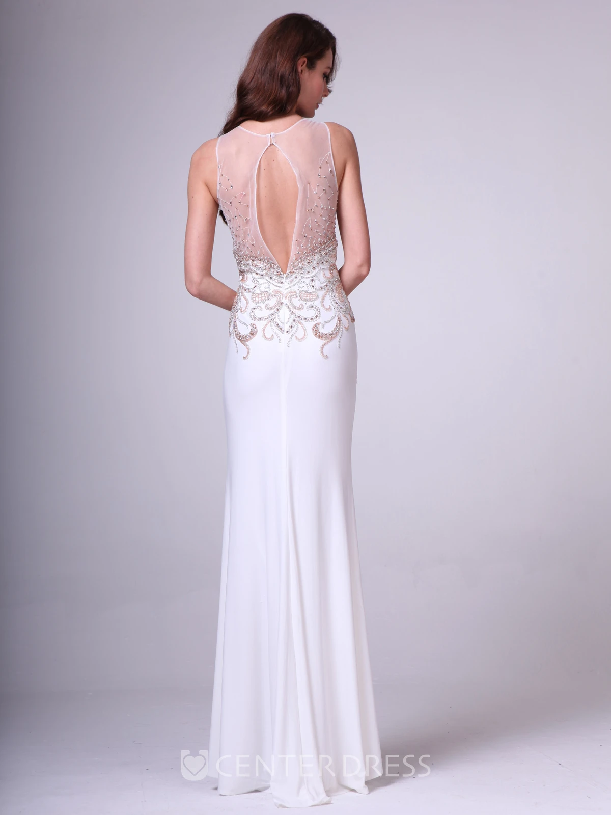 Sheath Scoop-Neck Sleeveless Jersey Keyhole Dress With Split Front And Beading