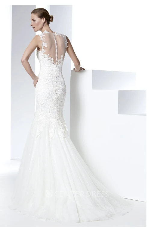 Sheath Appliqued Floor-Length Sleeveless Jewel Lace Wedding Dress With Illusion Back And Brush Train
