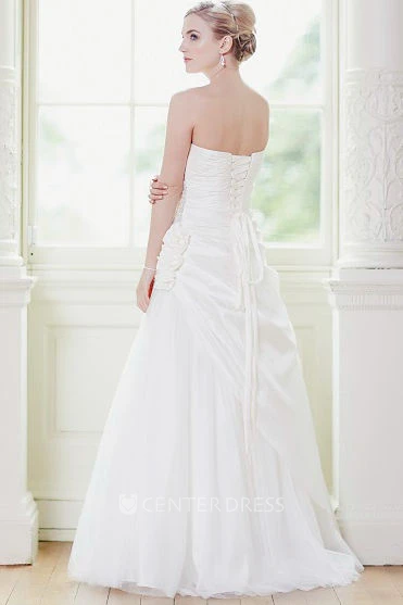 A-Line Draped Floor-Length Strapless Taffeta&Tulle Wedding Dress With Flower And Beading