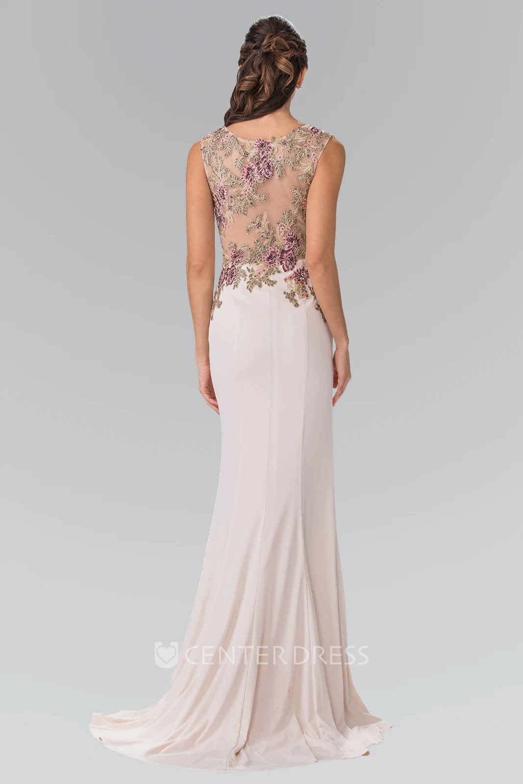 Sheath Maxi V-Neck Sleeveless Jersey Illusion Dress With Beading And Appliques