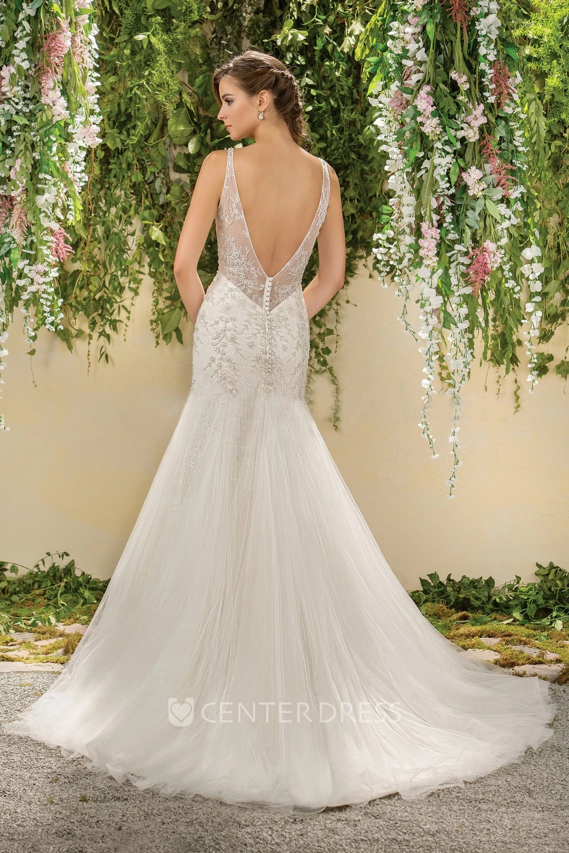 V-Neck Sleeveless Mermaid Wedding Dress With Deep V-Back And Appliques