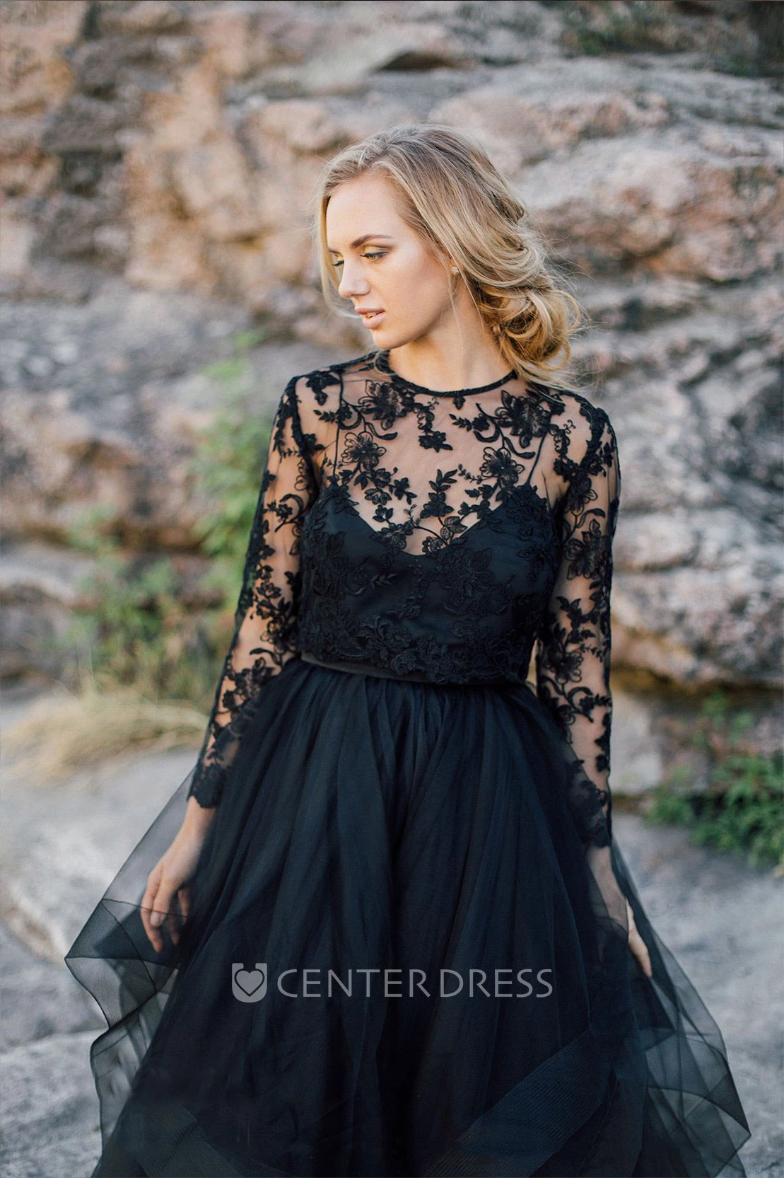 A-Line Long Sleeve Floor-length Scoop Button Illusion Appliques Lace Pleats Sash/Ribbon Black Wedding Dress