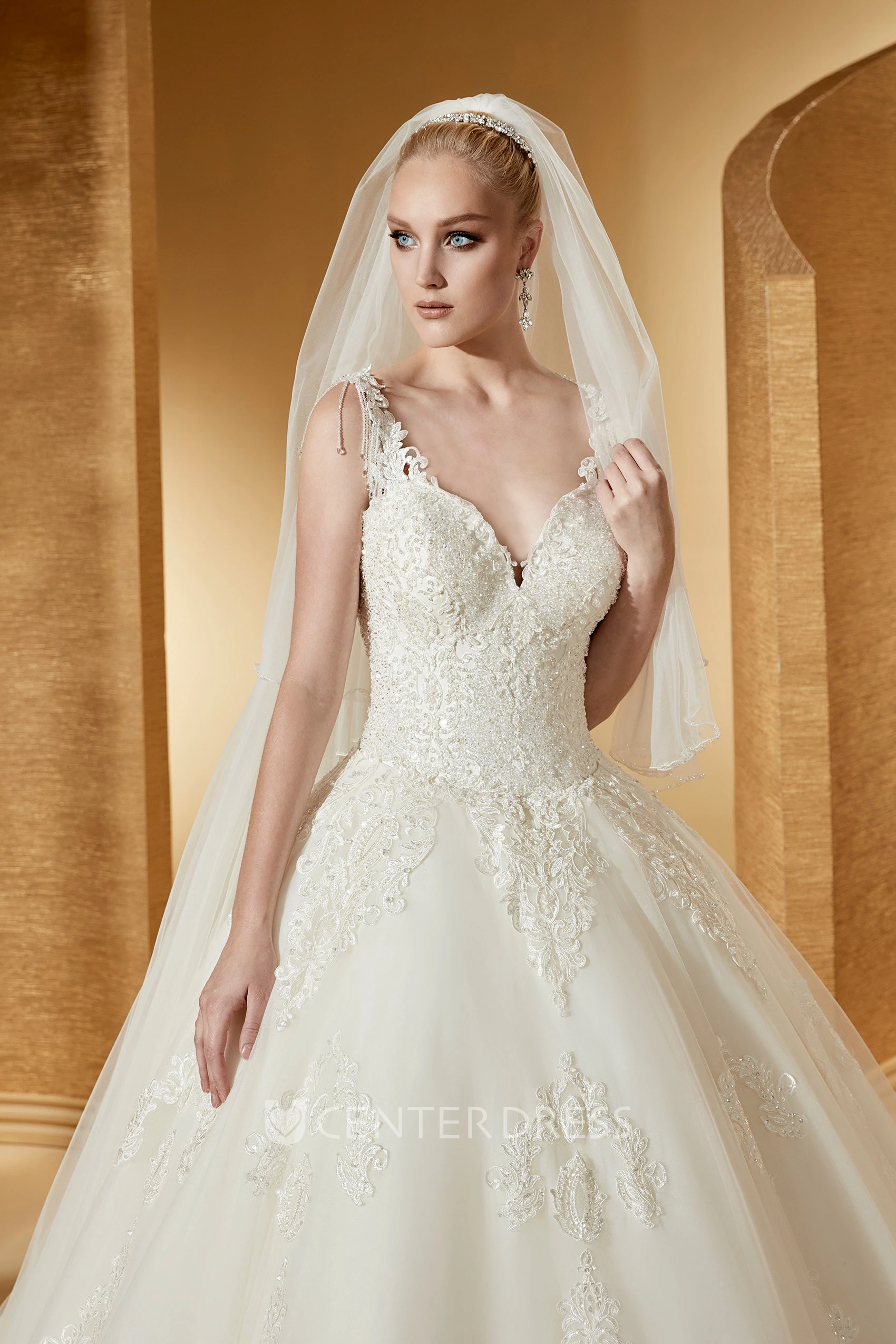 Cap Sleeve V-Neck Ball Gown With Lace Bodice And Embroideries
