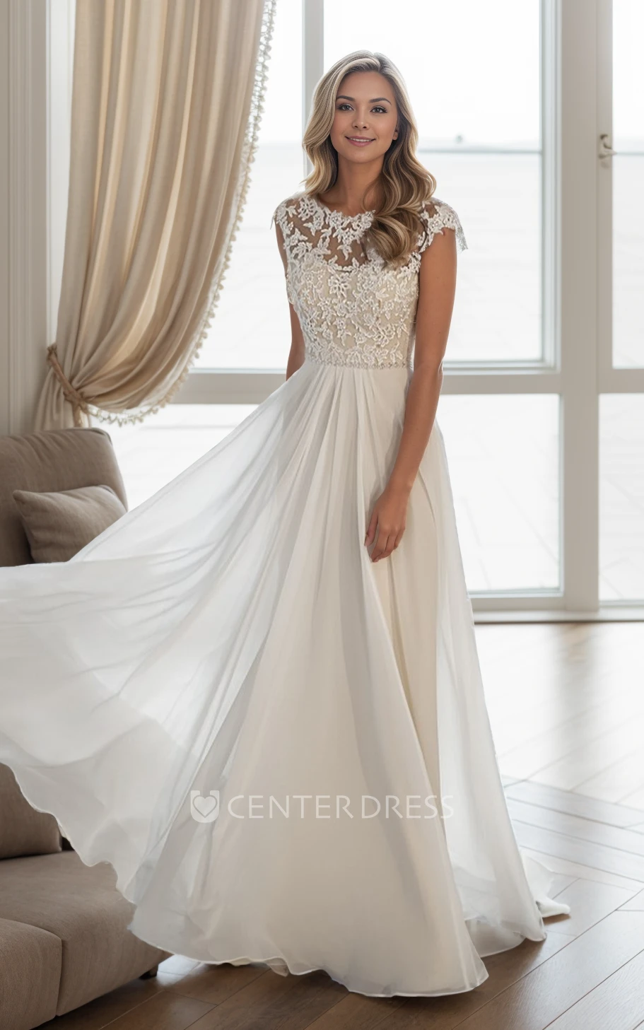 Country Bohemian A-Line Lace Beach Winter Wedding Dress Mature Romantic Cap Sleeve Floor Length Bridal Gown