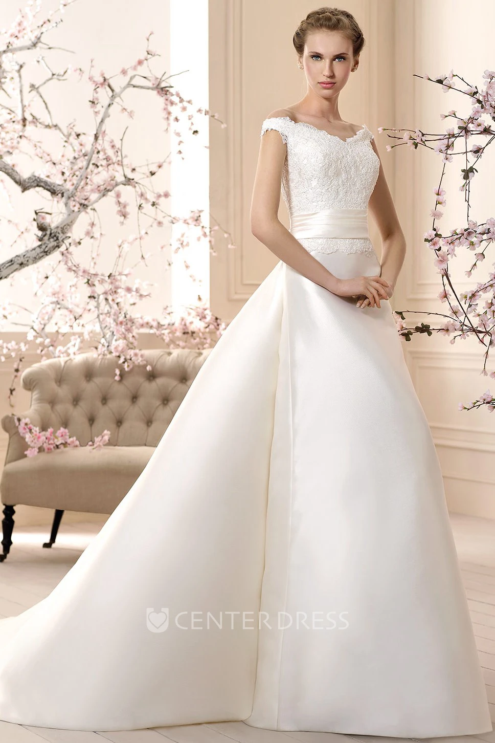 Floor-Length V-Neck Appliqued Satin Wedding Dress