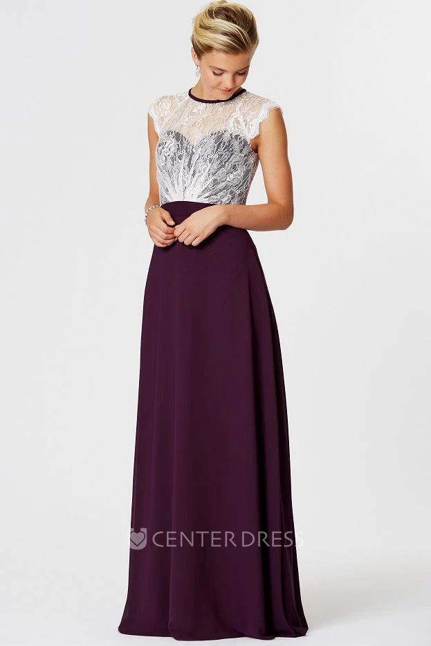 High Neck Lace Sleeveless Chiffon Bridesmaid Dress With Illusion Back
