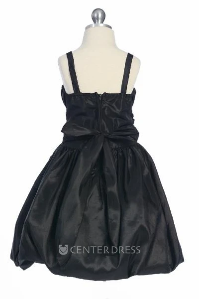 Tea-Length Straps Bowed Split-Front Taffeta Flower Girl Dress