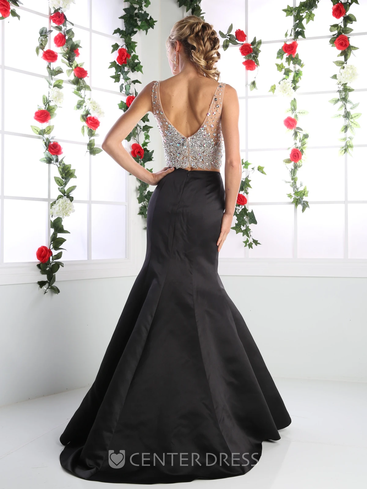 Two-Piece Mermaid Floor-Length V-Neck Sleeveless Satin Low-V Back Dress With Beading