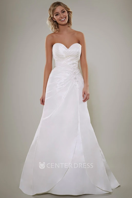 A-Line Short Sleeve Criss-Cross Sweetheart Satin Wedding Dress
