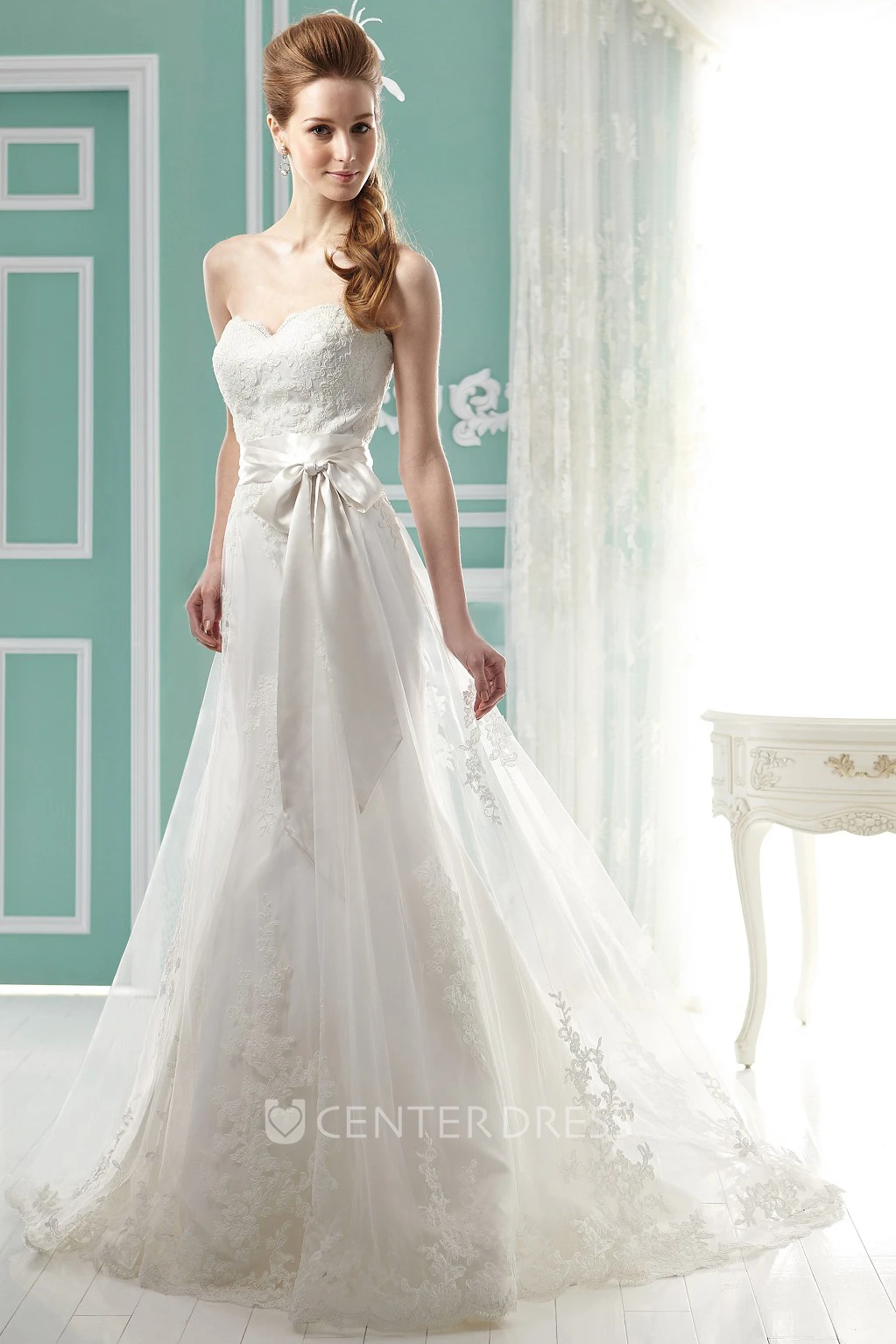 Sweetheart Long Wedding Gown with Bow Sash and Appliques