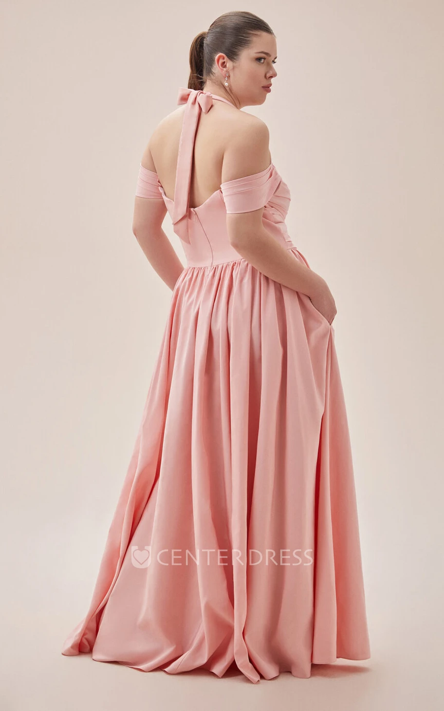 Elegant Off-the-shoulder A Line Floor-length Short Sleeve Taffeta Evening Dress with Pockets