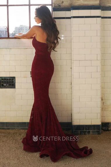 Sleeveless Sweep Brush Train Mermaid Trumpet V-neck Lace Dress
