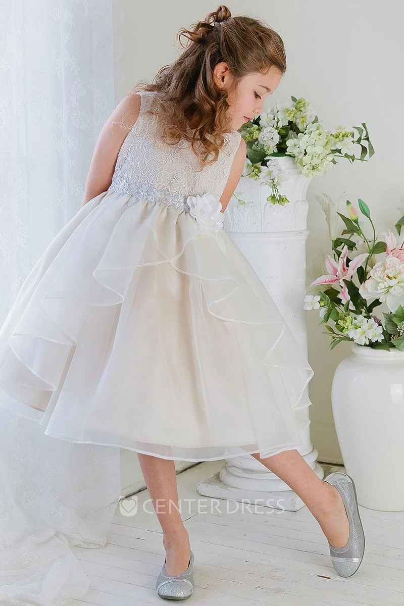 Embroideried Tea-Length Tiered Lace&Organza Flower Girl Dress
