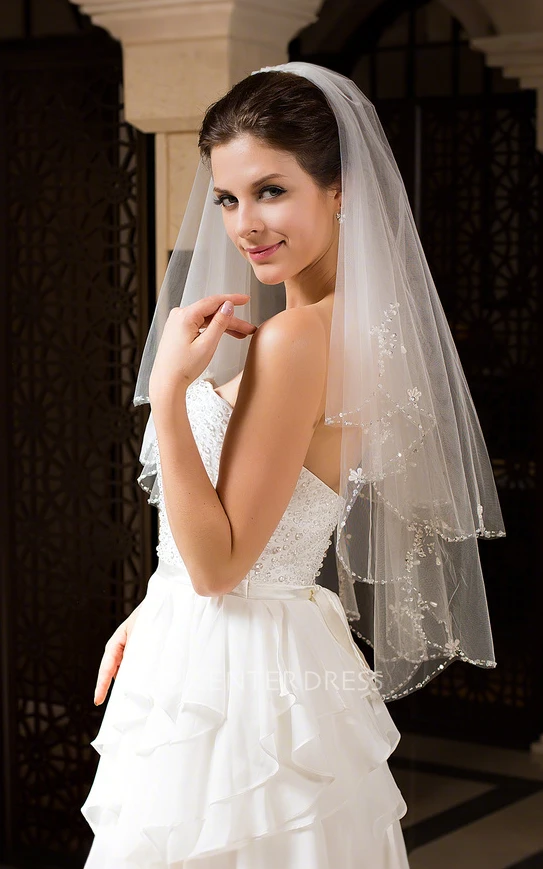 Elegant Ethereal Short Two Tier Sequin Beading Pearl Edge Tulle Elbow Length Bridal Veil with Comb