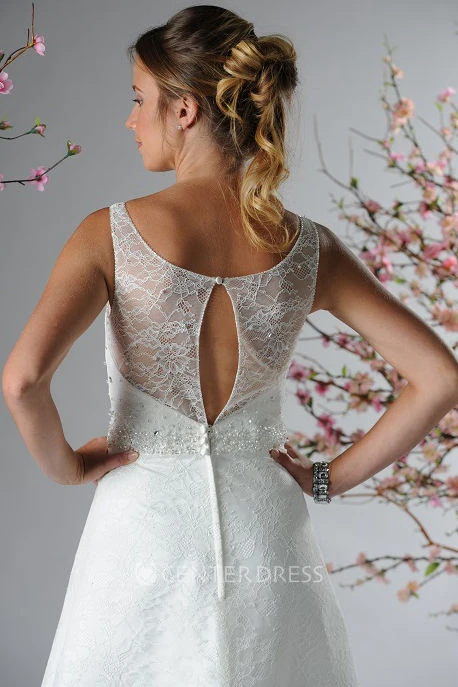 Scoop Neck Crystal Top A-Line Lace Gown With Back Button And Keyhole