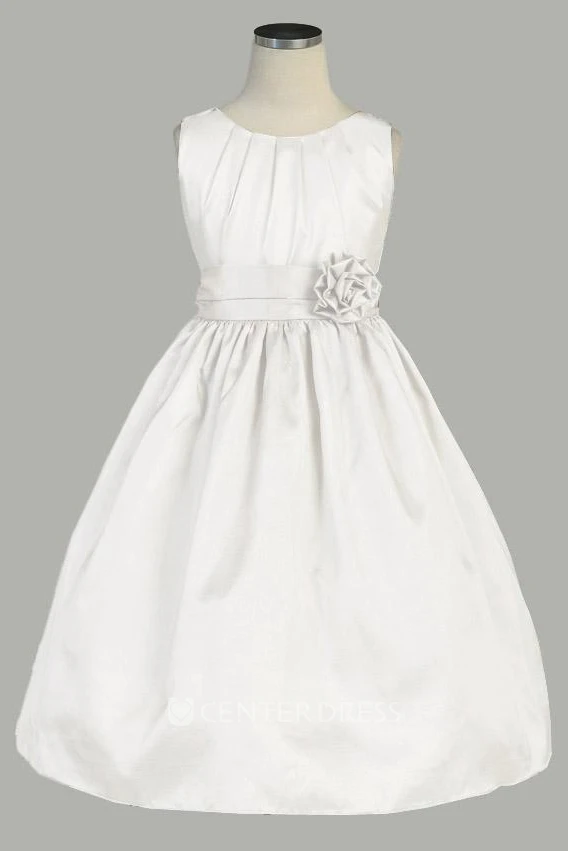 Tea-Length Pleated Taffeta Flower Girl Dress