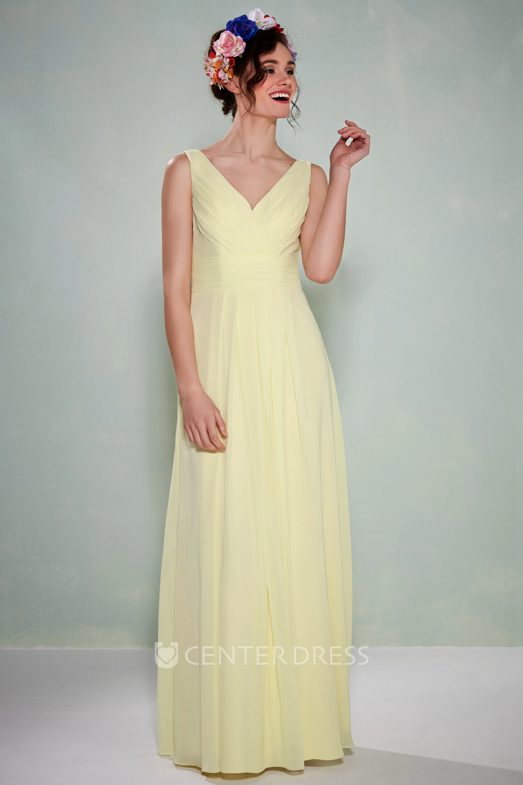 Maxi Ruched Sleeveless V-Neck Chiffon Bridesmaid Dress