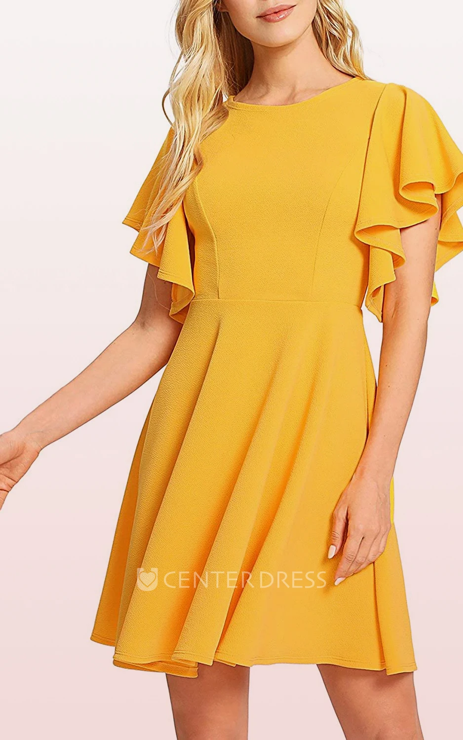 A Line Short Sleeve Jersey Modest Elegant Zipper Dress with Pleats