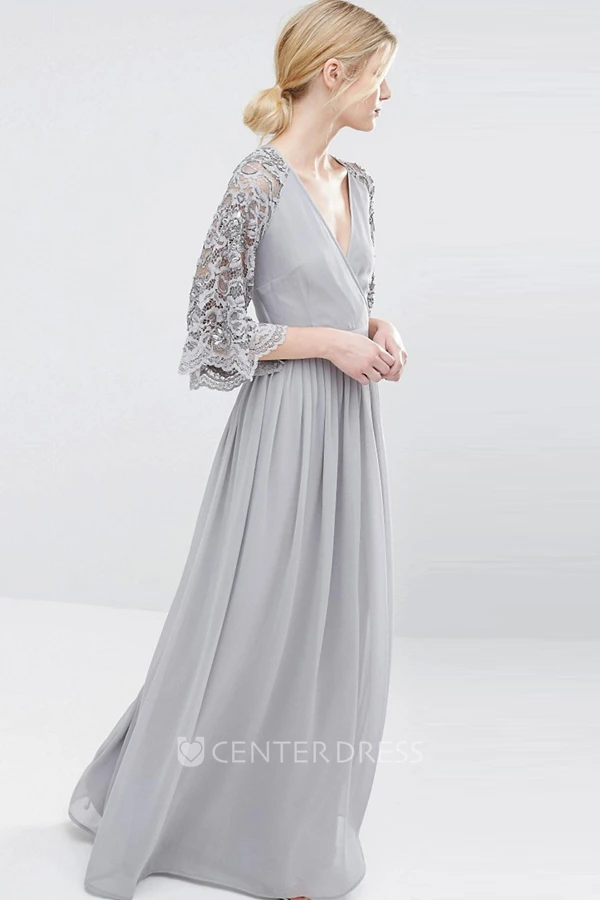V-Neck Bell Sleeve Lace Chiffon Bridesmaid Dress With Pleats