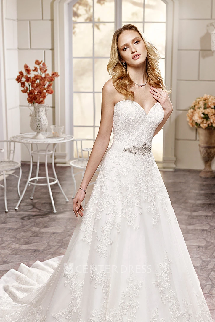 A-Line Sweetheart Floor-Length Jeweled Lace&Satin Wedding Dress With Appliques And Sash