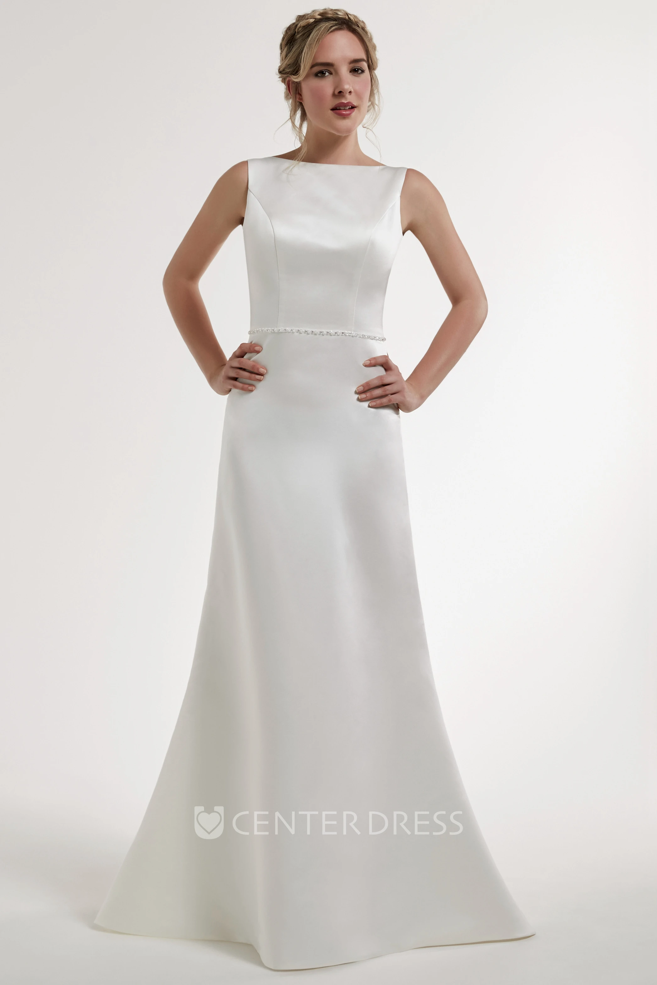Sheath Jeweled Jewel Floor-Length Sleeveless Satin Wedding Dress With Backless Style And Sweep Train