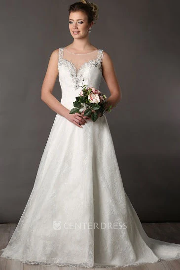 Jewel Neckline A-Line Lace Bridal Gown With Pearls