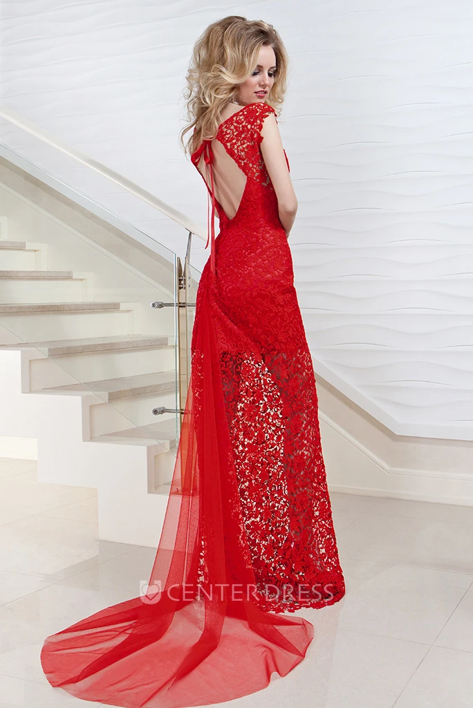 Pencil V-Neck Cap-Sleeve Floor-Length Lace Prom Dress With Keyhole Back And Watteau Train