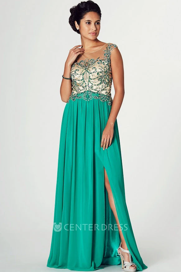 A-Line Beaded Scoop-Neck Cap-Sleeve Floor-Length Prom Dress With Split Front