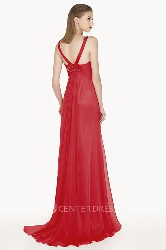 Empire Floral Waist A-Line Chiffon Long Prom Dress With V Back